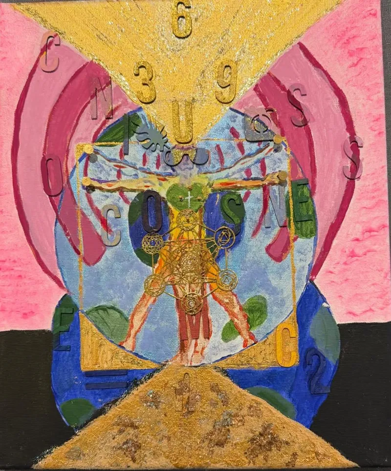 Remembrance, the channeled painting with Vitruvian figure, gold Merkaba, 3·6·9 and Consciousness lettering